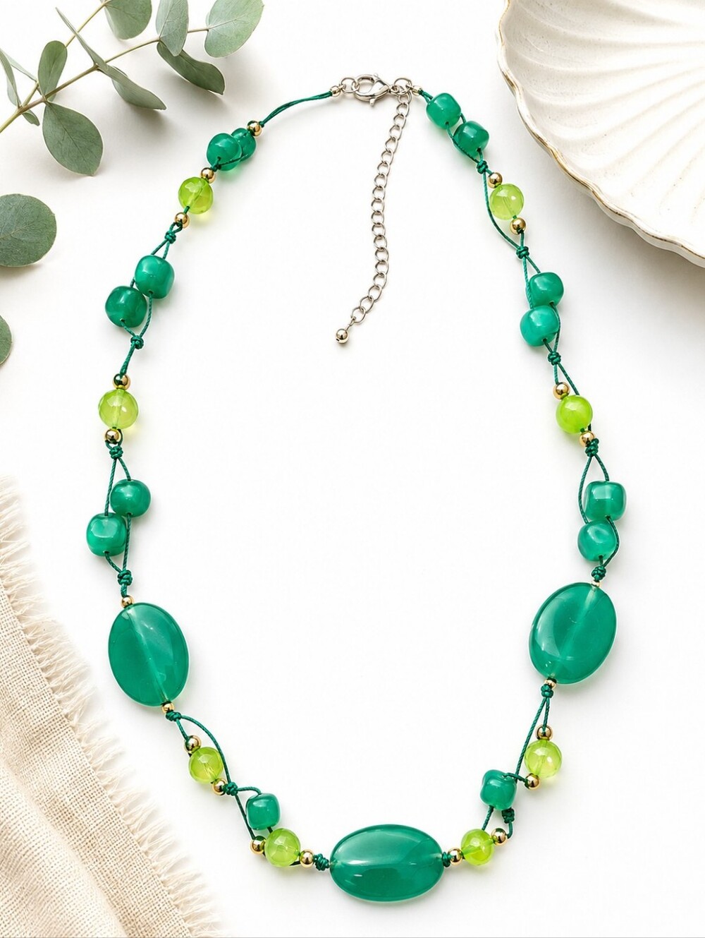 Green Glass Bead Statement Necklace Adjustable Boho Artisan Jewelry